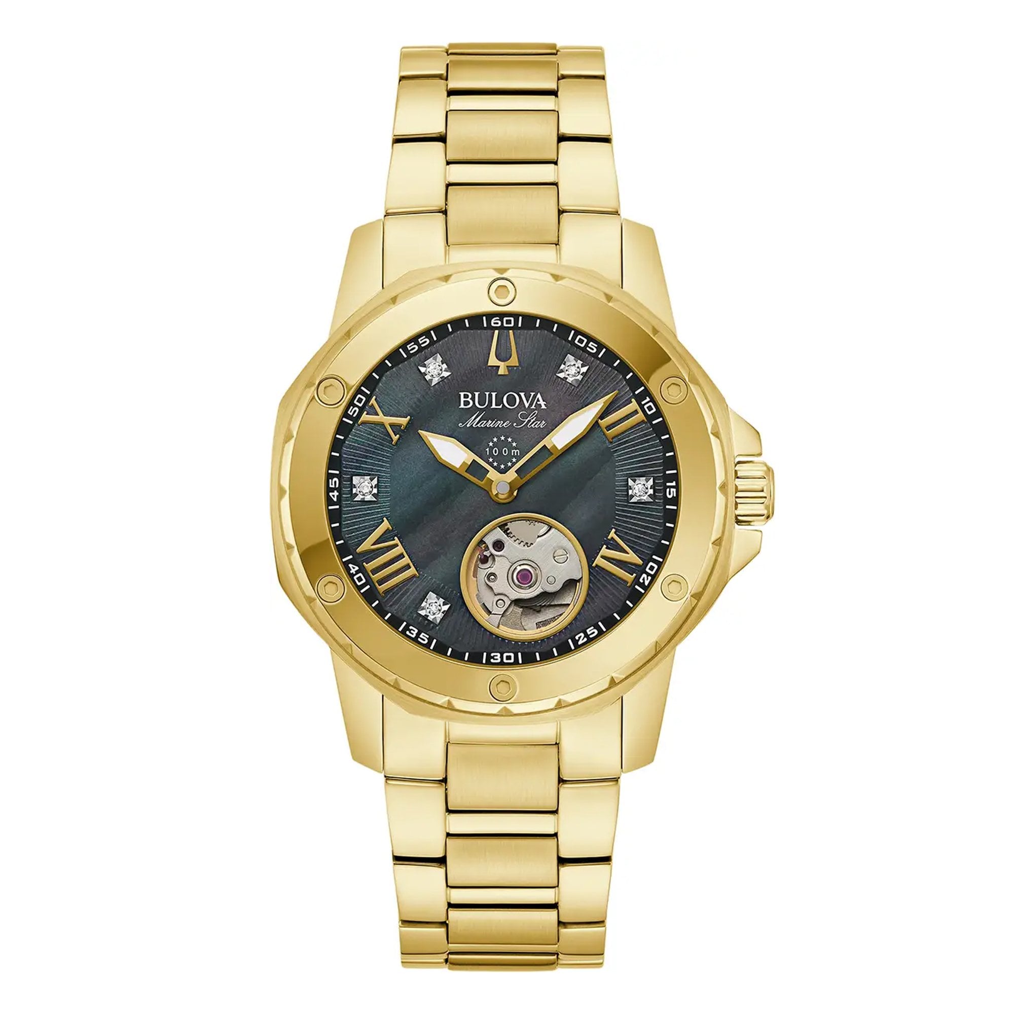 Bulova Ladies Marine Star Automatic Black Mother Of Pearl Dial Gold Plated Bracelet