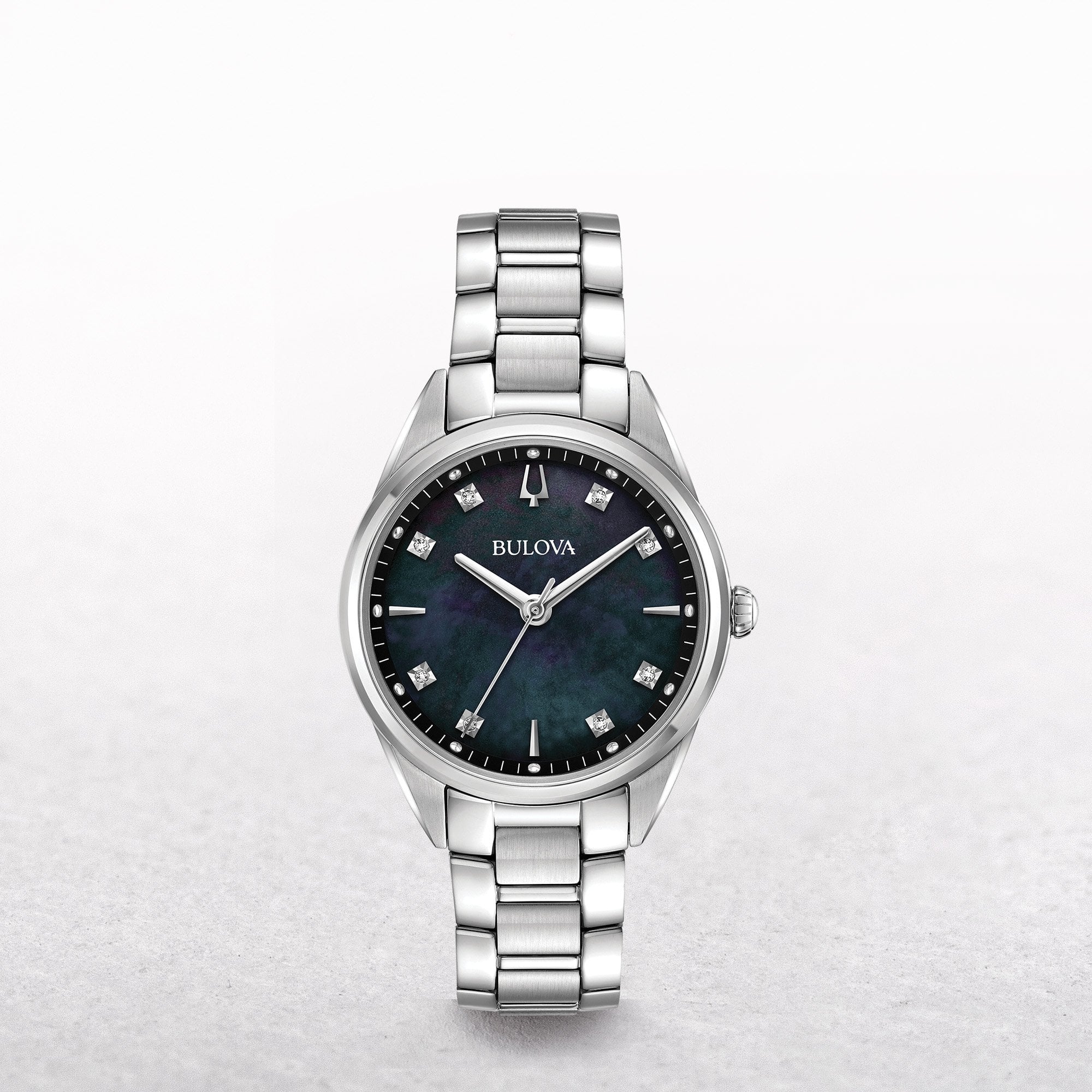 Bulova Ladies Sutton 8 Diamonds Stainless Steel Watch with Black Mother of Pearl Dial