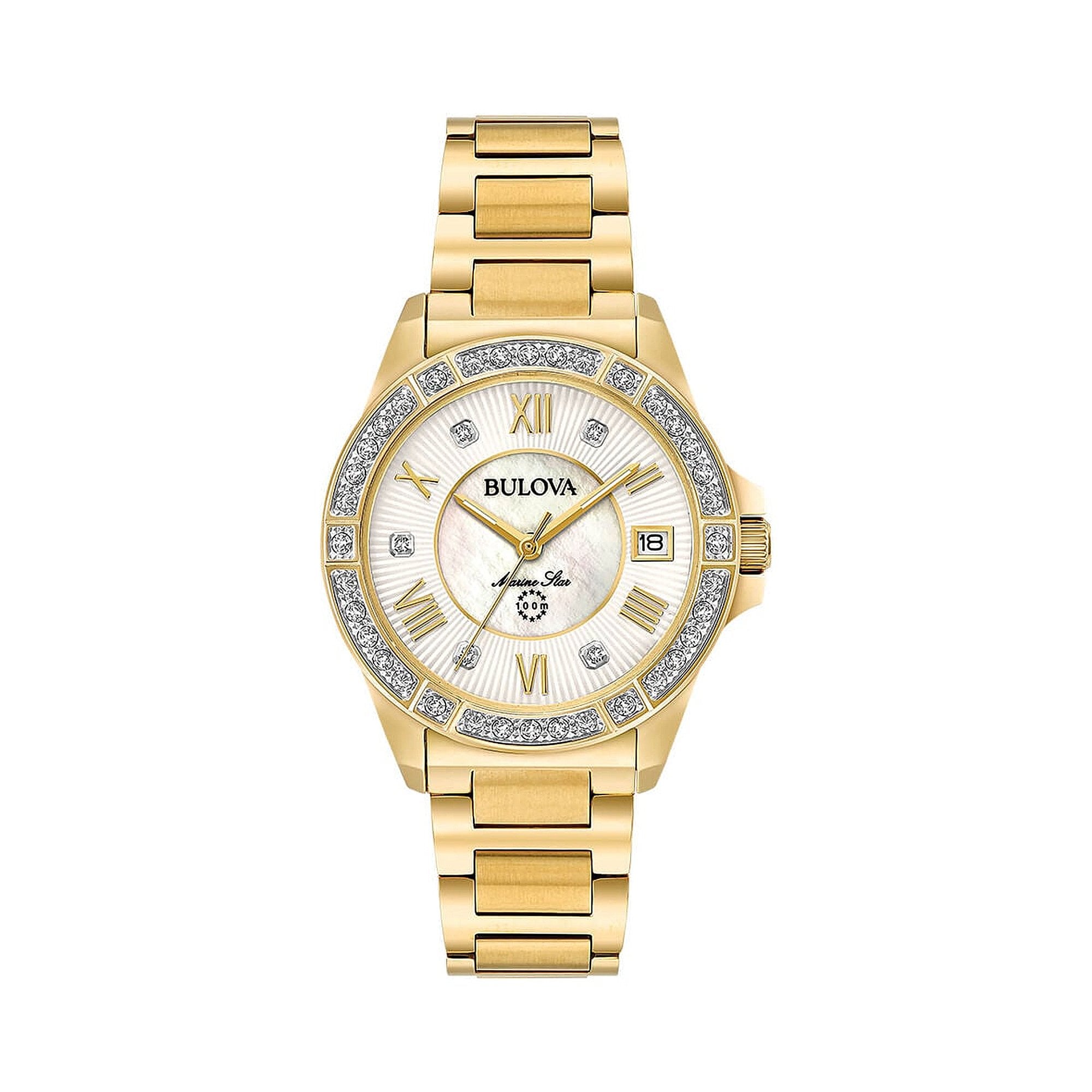 Bulova Marine Star Ladies Gold Plated 32mm Watch with Diamond Set Dial