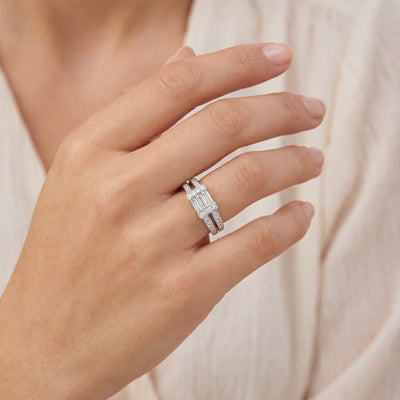 C0.34ct S0.36ct Baguette and Round Cut Natural Diamond Dress Ring Set In 18ct White Gold