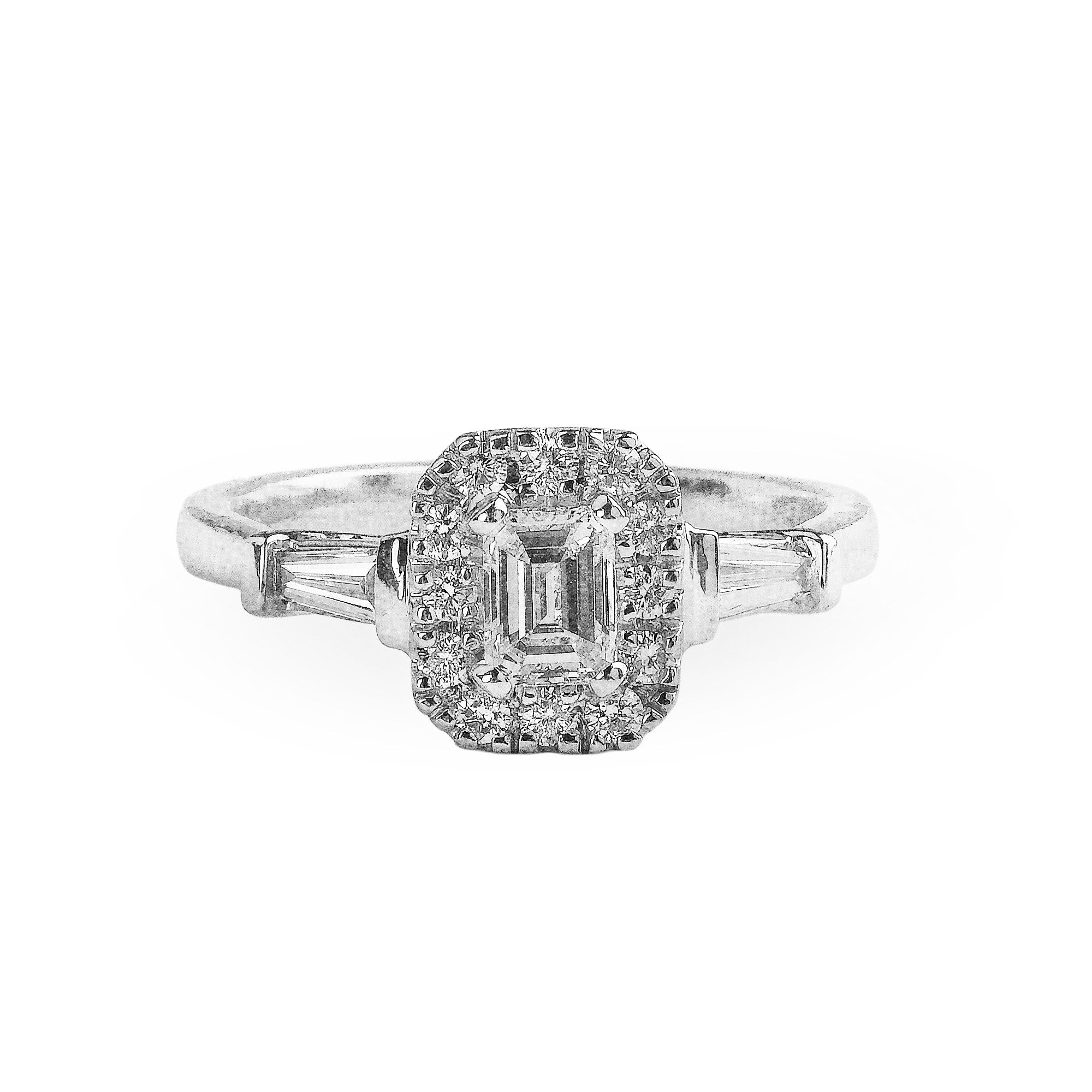 C0.40ct S0.35ct F vvs2 Emerald Cut Solitaire Halo With Tapered Baguette Diamonds Set In Platinnum