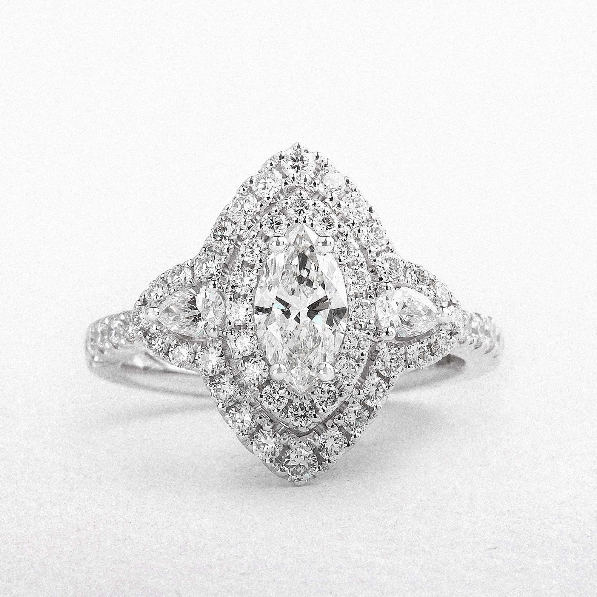 C0.51ct S0.77ct Marquise & Round Cut Natural Diamond Halo Ring Set In 18ct White Gold