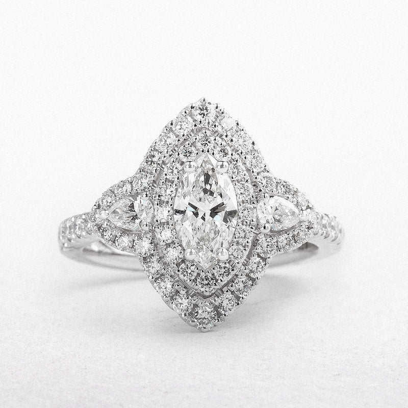 C0.51ct S0.77ct Marquise & Round Cut Natural Diamond Halo Ring Set In 18ct White Gold