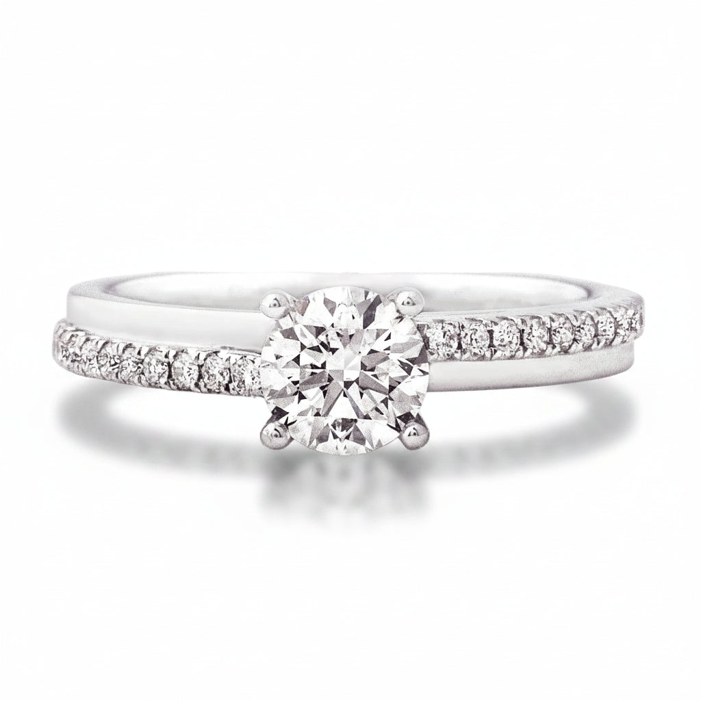 C0.61ct S0.14ct  F vs1 Natural Diamond Solitaire Off Set Diamond Shoulders in 18ct White Gold