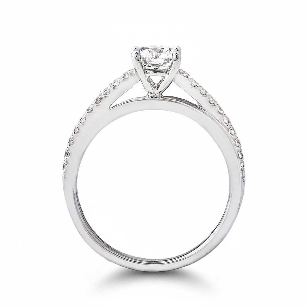 C0.61ct S0.14ct  F vs1 Natural Diamond Solitaire Off Set Diamond Shoulders in 18ct White Gold