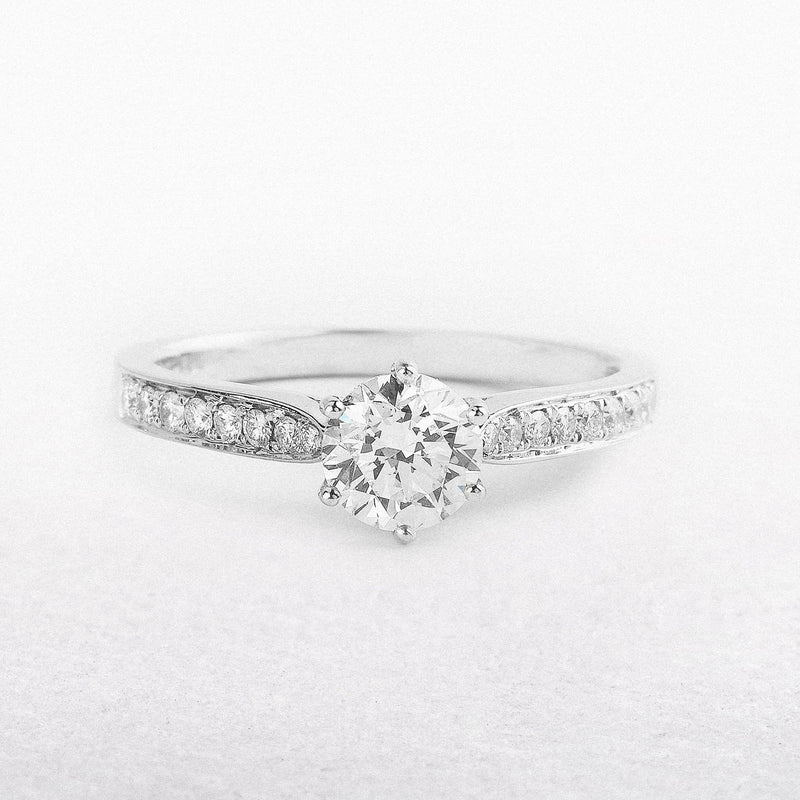 C0.70ct S0.18ct 6 Claw Solitaire Diamond Ring With Diamond Shoulders Set In 18ct White Gold
