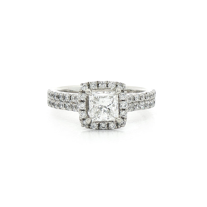 C0.72ct S0.56ct E vs1 Princess Cut Natural Diamond Halo Solitaire Set In Platinum