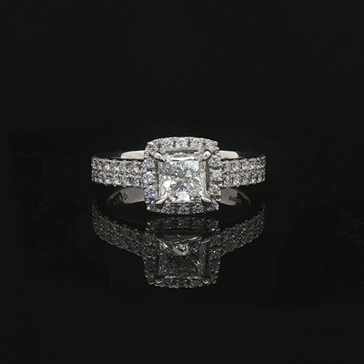 C0.72ct S0.56ct E vs1 Princess Cut Natural Diamond Halo Solitaire Set In Platinum