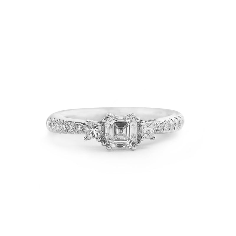 C0.80ct S0.30ct E vvs1 Asscher & Princess Cut Diamond Three Stone Set In 18ct White Gold