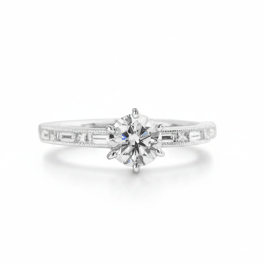 C0.80ct S0.38ct Diamond Solitaire With Baguette & Princess Cut Diamond Shoulders In 18ct White Gold