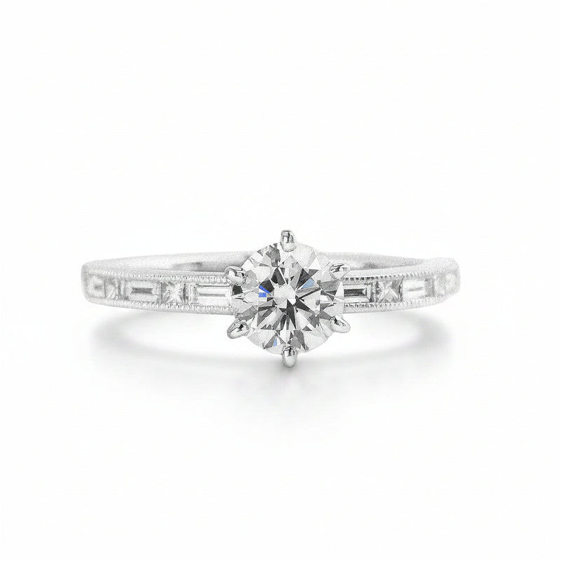 C0.80ct S0.38ct Diamond Solitaire With Baguette & Princess Cut Diamond Shoulders In 18ct White Gold