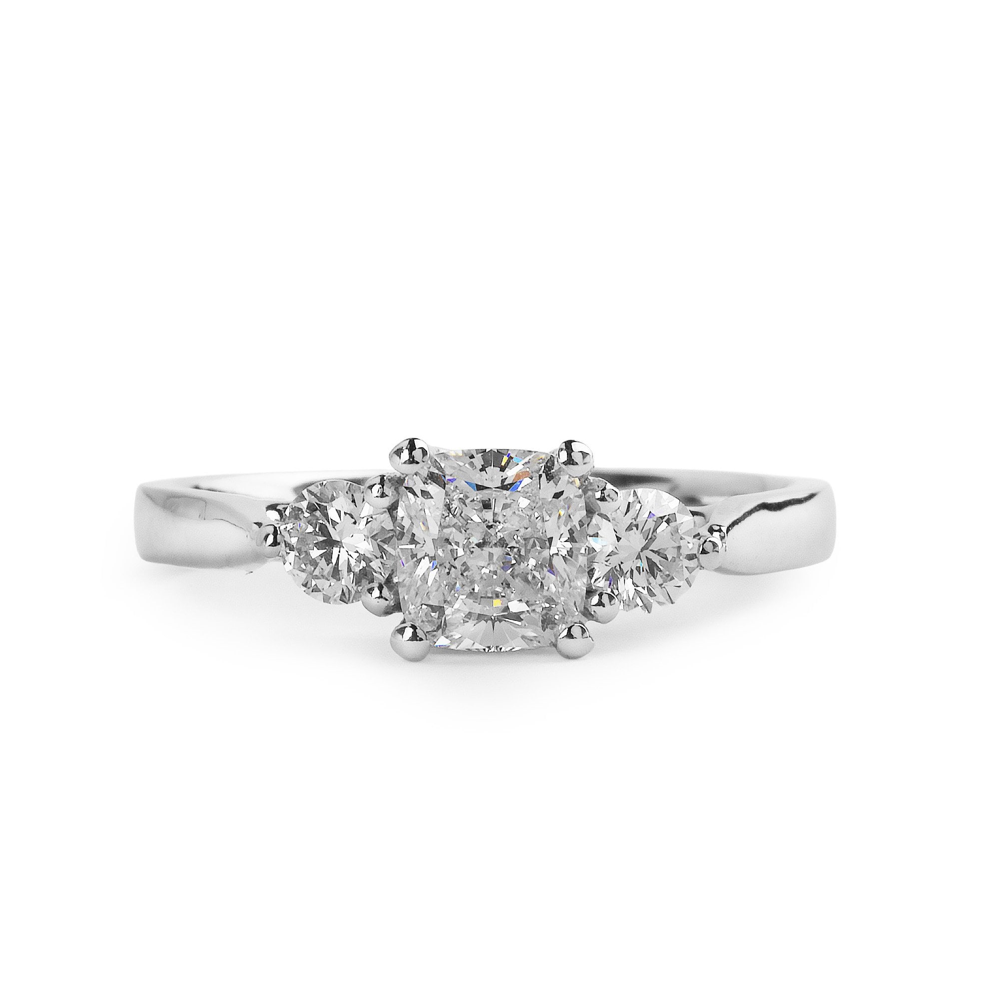C0.83ct S0.32ct E V2 Cushion And Brilliant Cut Natural Diamond 3 Stone Ring in 18ct White Gold