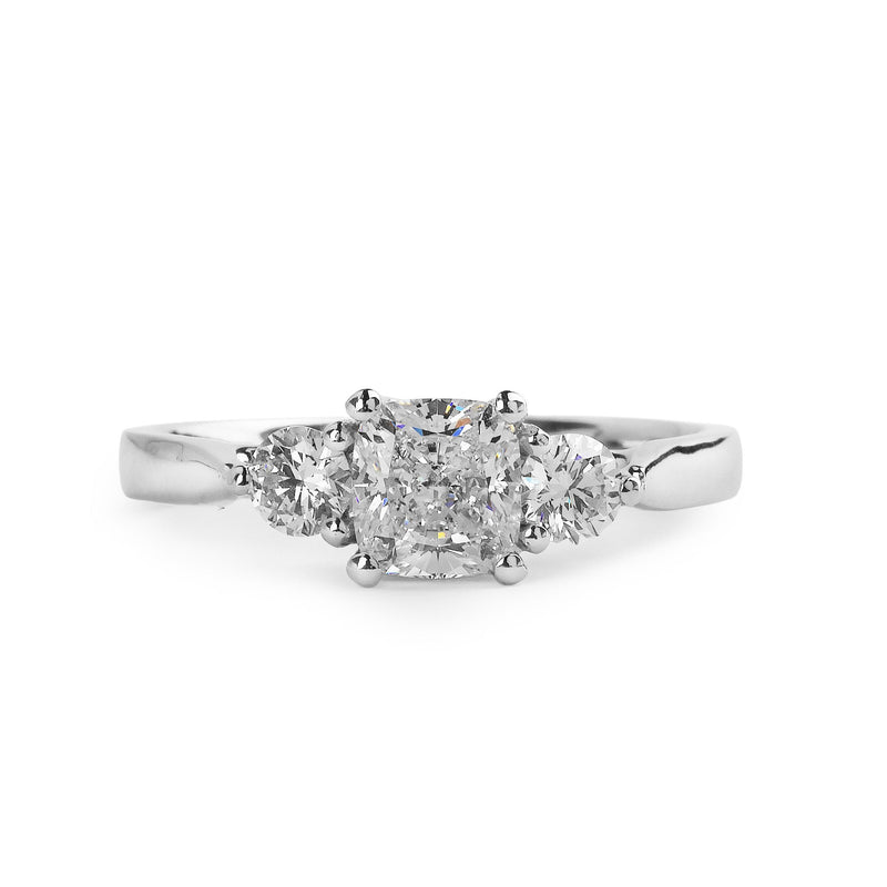 C0.83ct S0.32ct E V2 Cushion And Brilliant Cut Natural Diamond 3 Stone Ring in 18ct White Gold