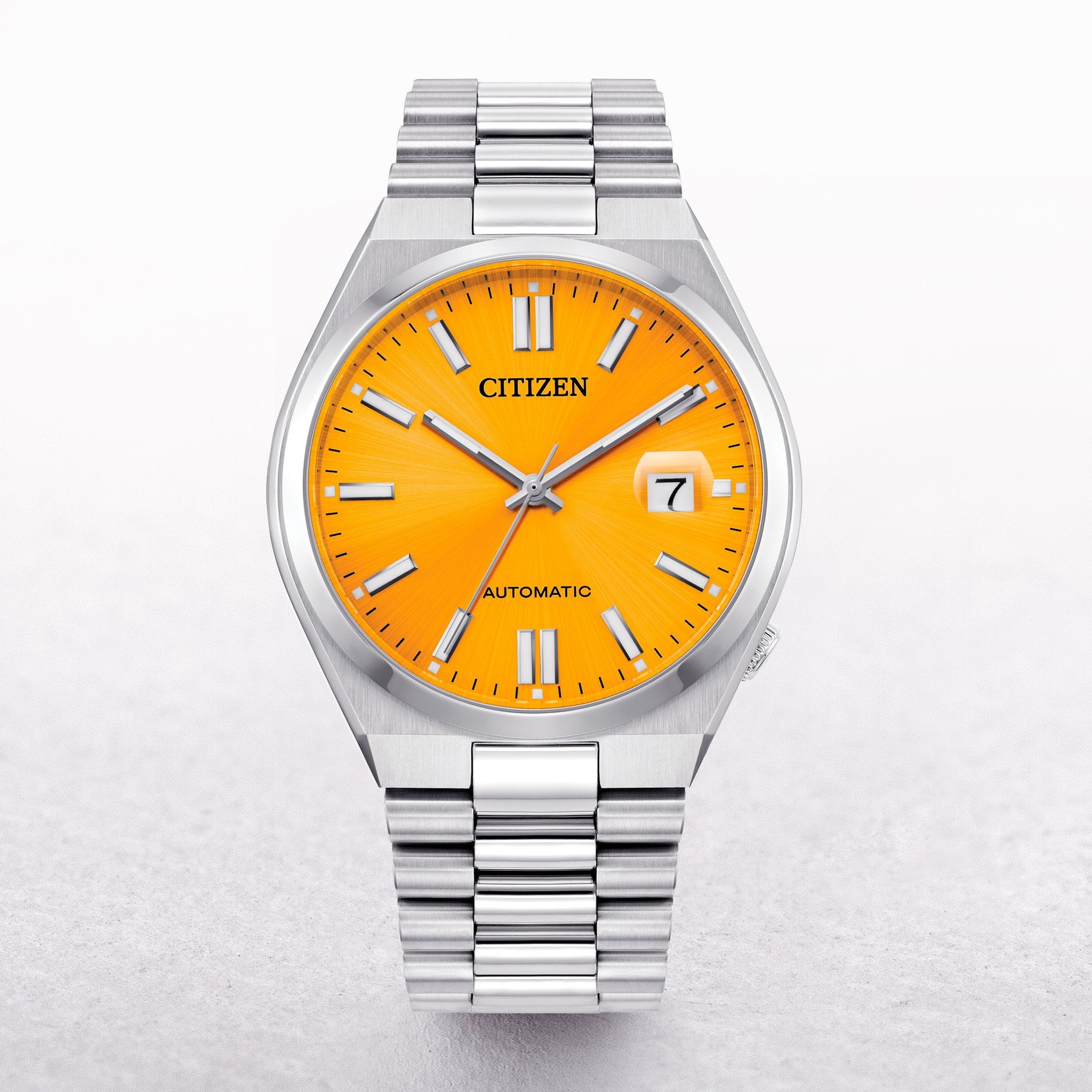 Citizen Gents Tsuoyosa Automatic Watch With A Yellow Dial On A Stainless Steel Bracelet