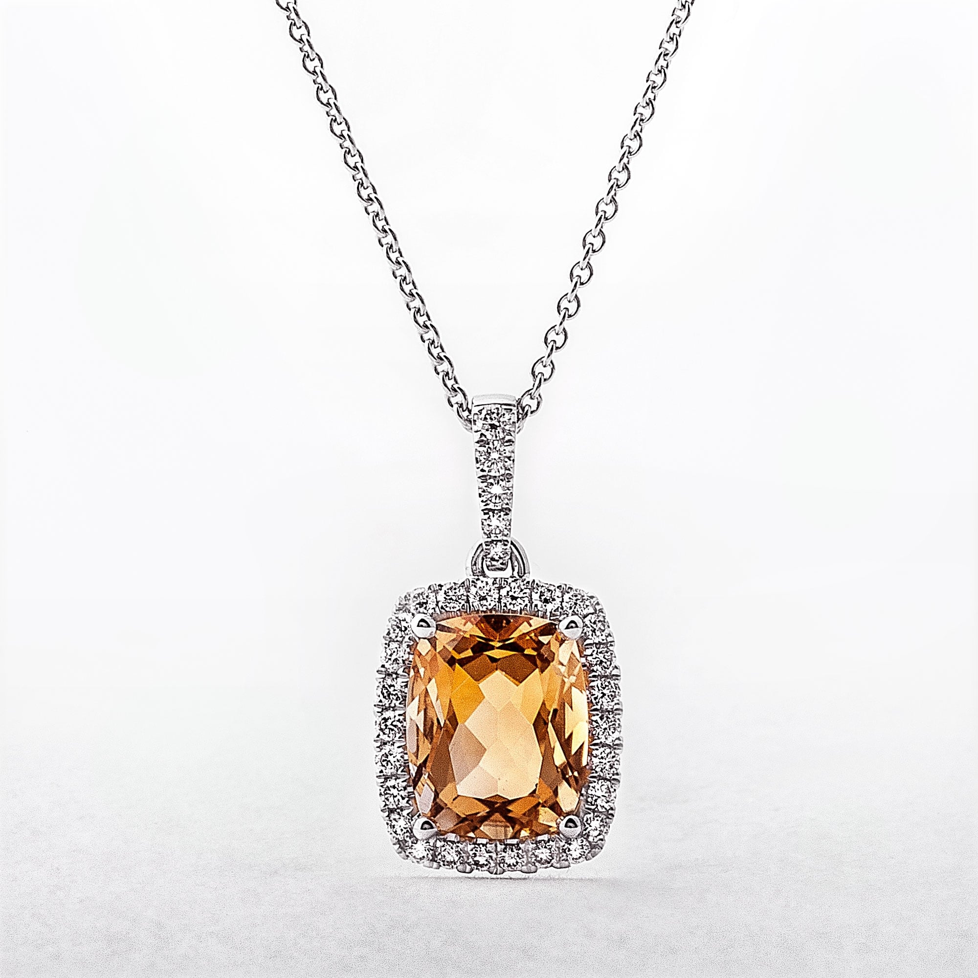 Citrine Diamond Cushion Shape Pendant in White Gold