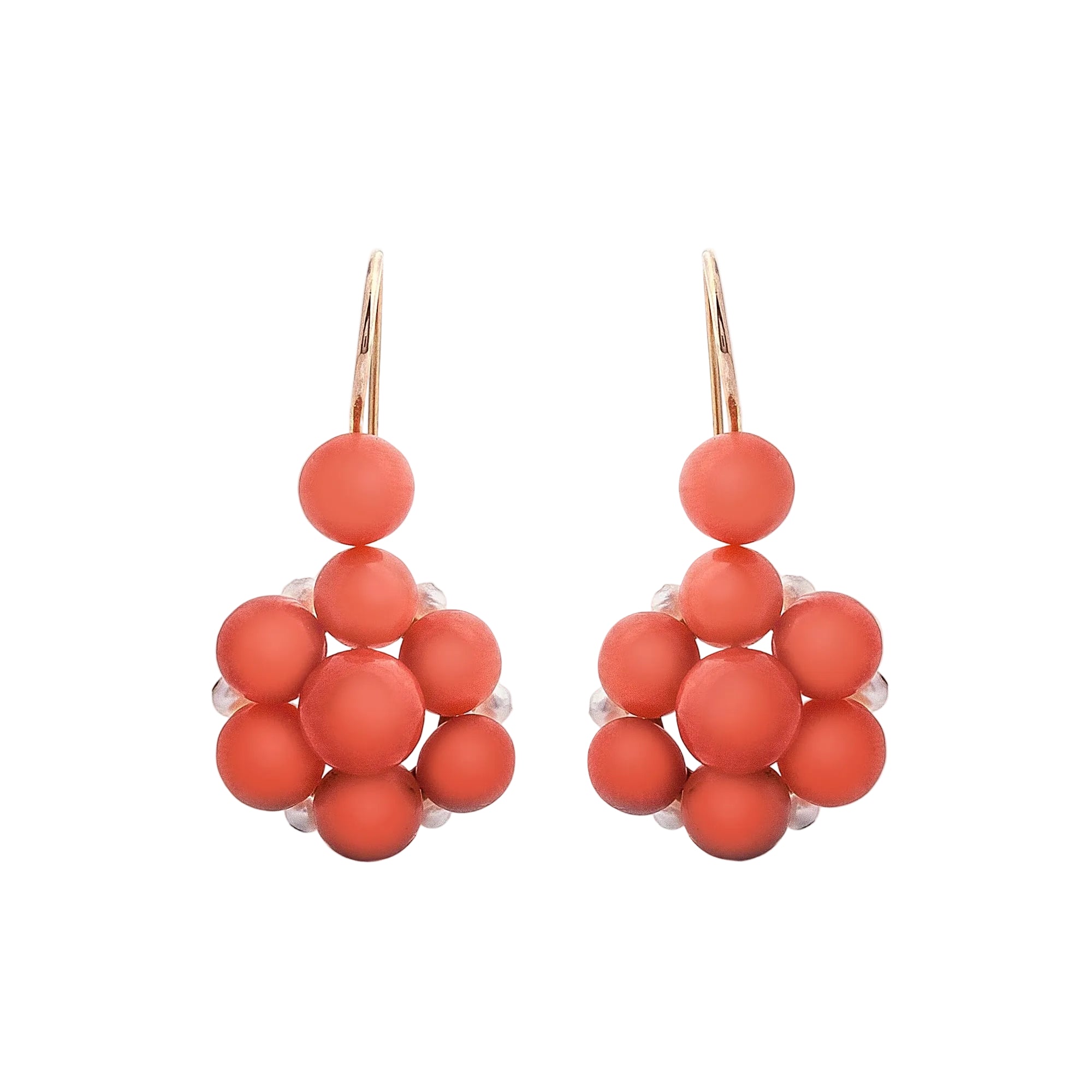 Coral 9ct Gold Seed Pearl Floral Cluster Earrings