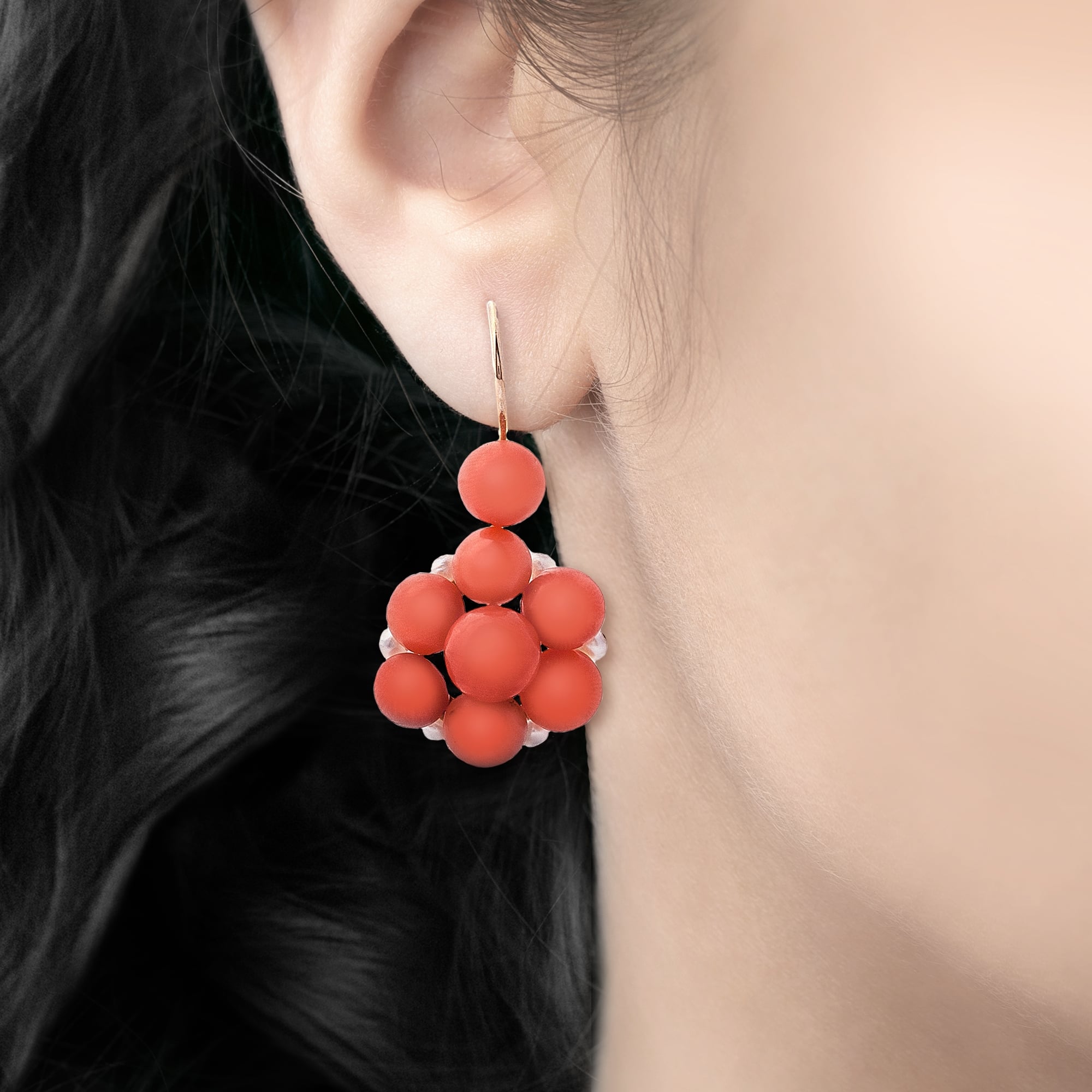 Coral 9ct Gold Seed Pearl Floral Cluster Earrings