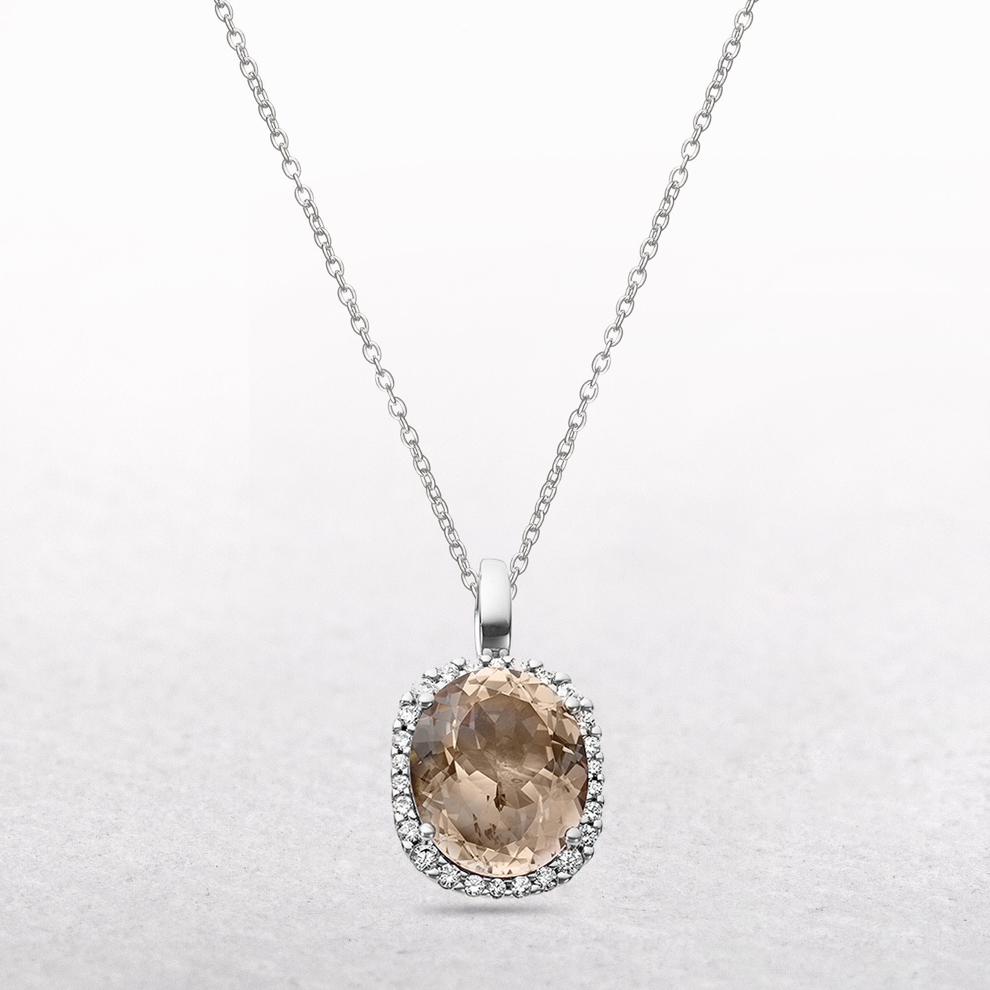 Diamond and Morganite Oval Pendant in 9ct White Gold