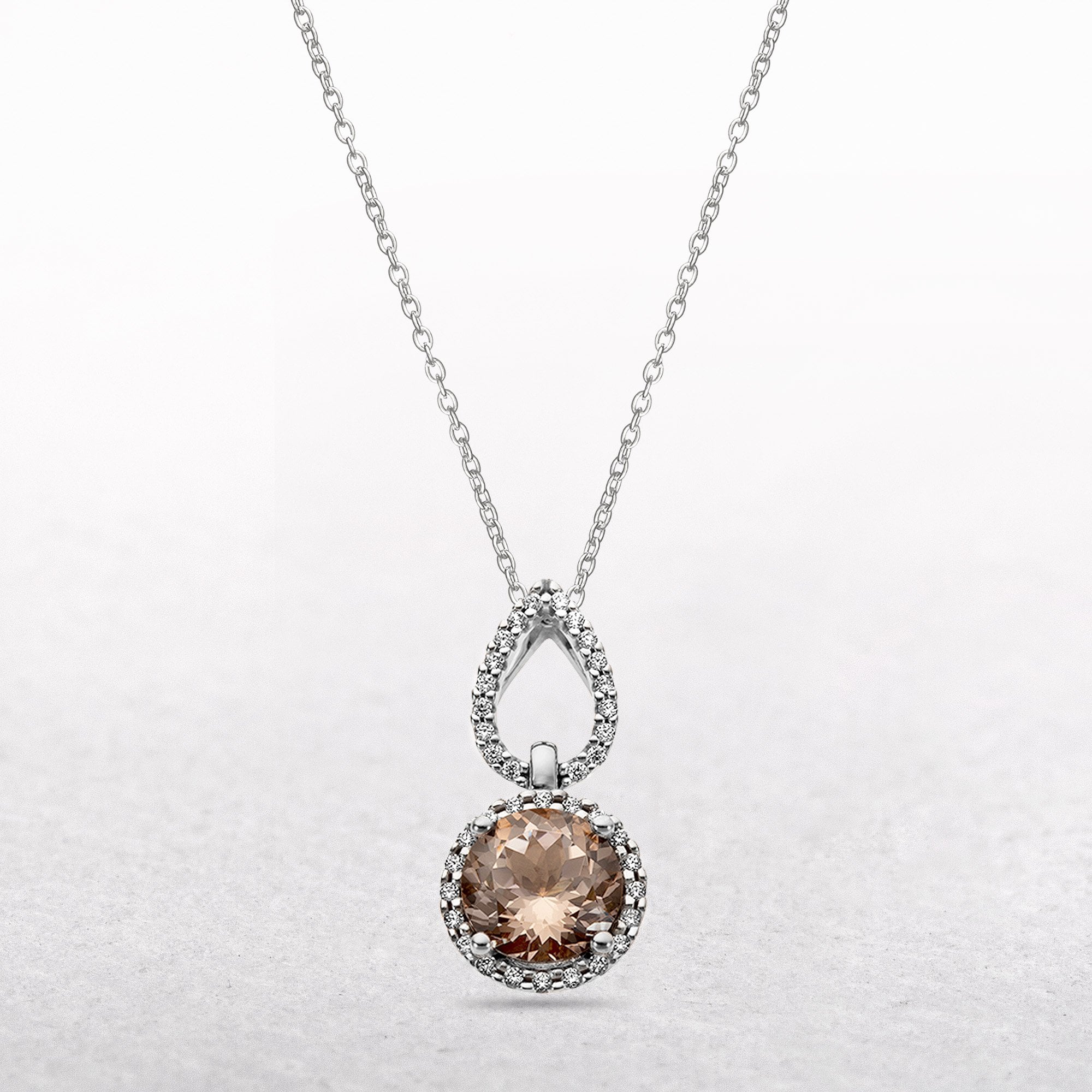 Diamond and Morganite Round Pendant in 9ct White Gold