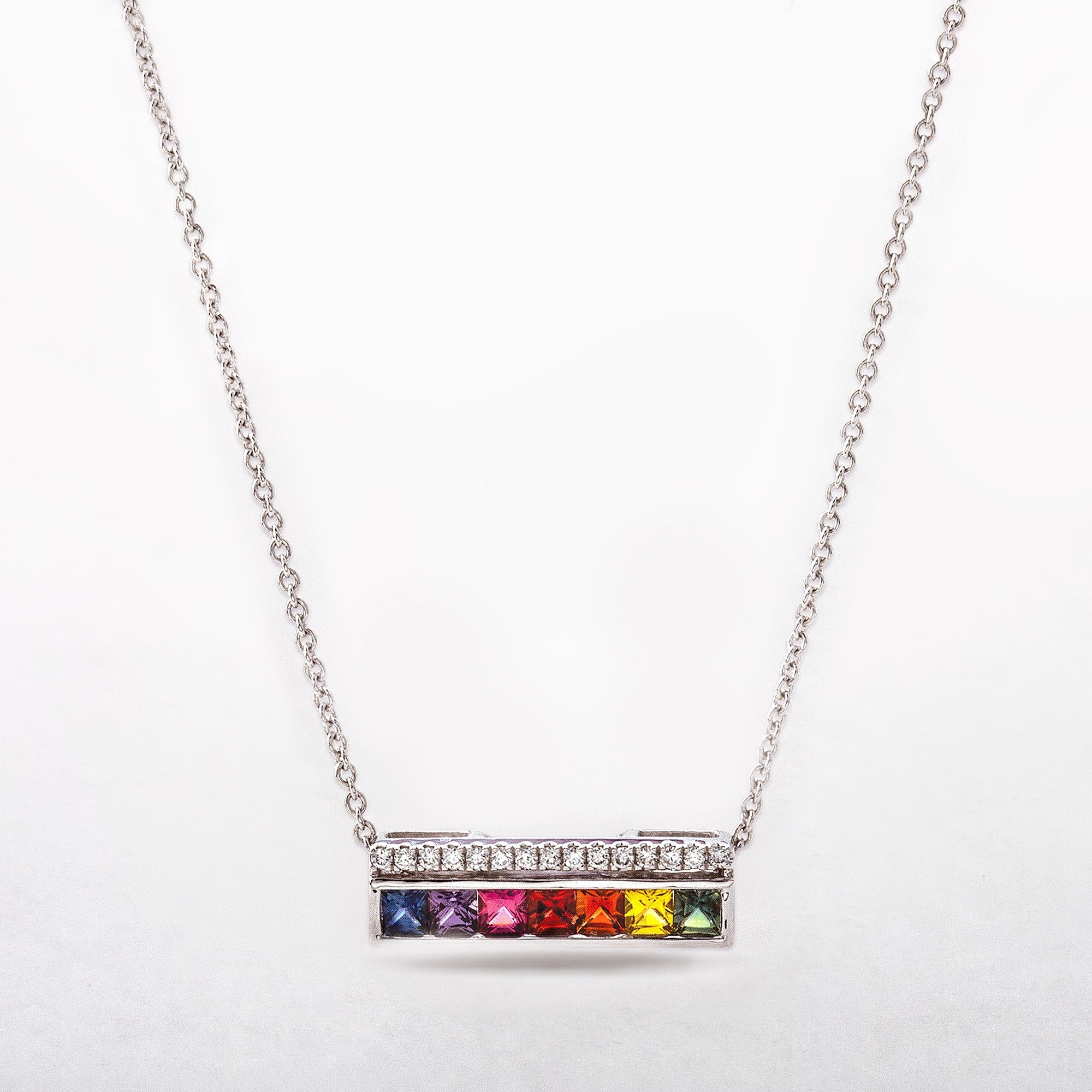 Diamond and Multicolour Sapphire Bar Pendant in 18ct White Gold