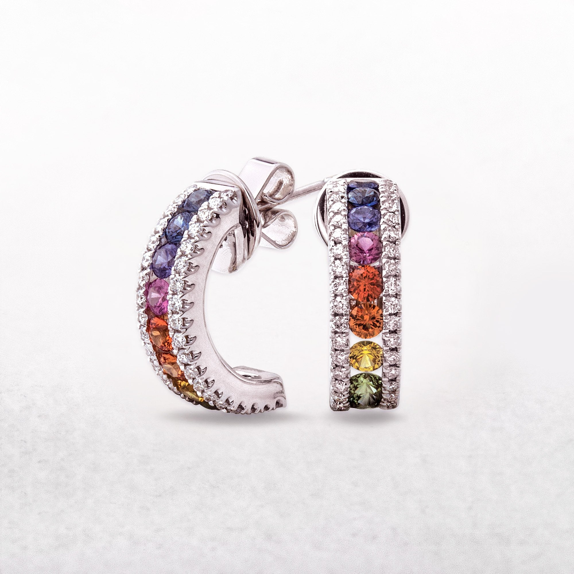 Diamond and Multicolour Sapphire Curved Earrings in 18ct White Gold