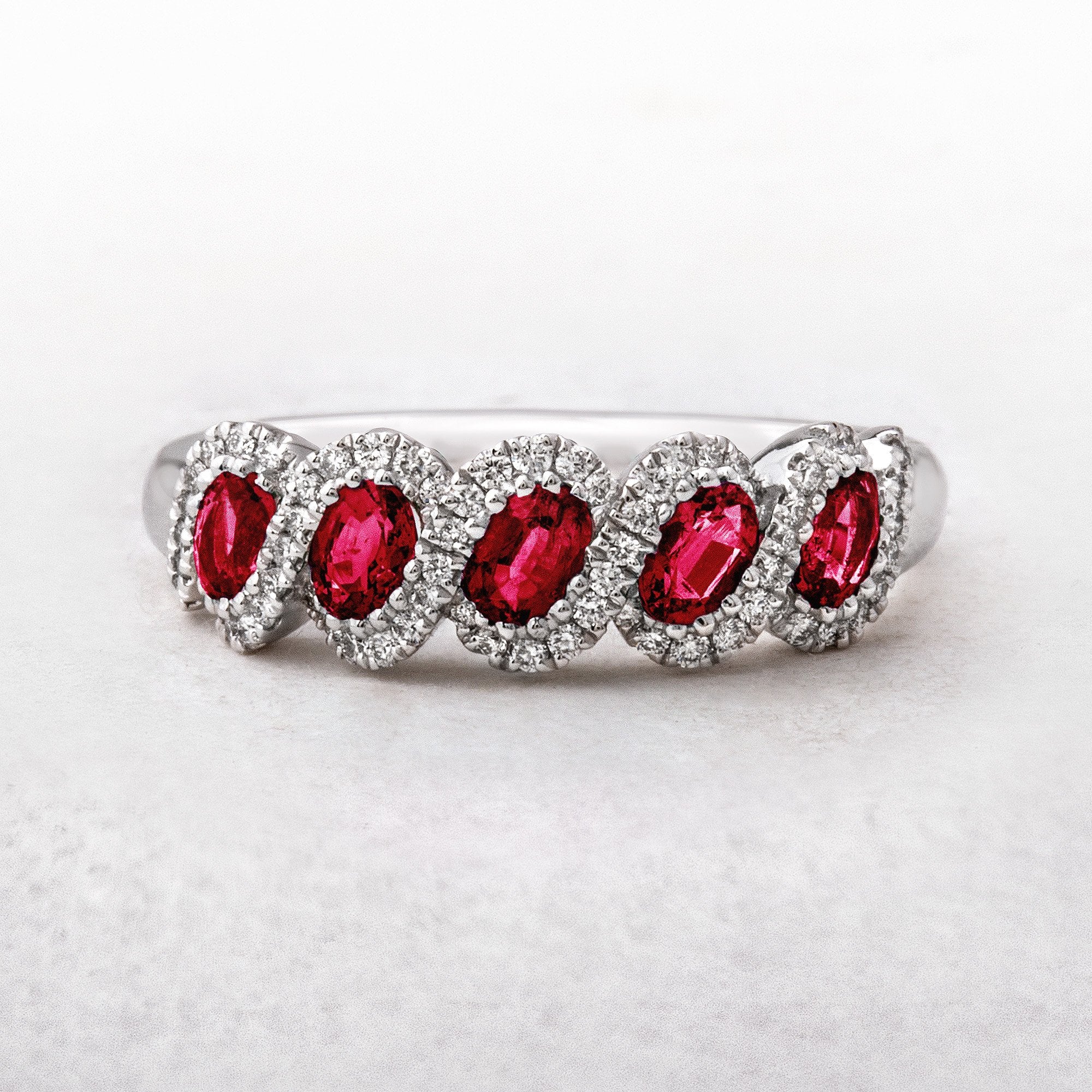 Diamond and Oval Ruby Five Stone Ring in 18ct White Gold
