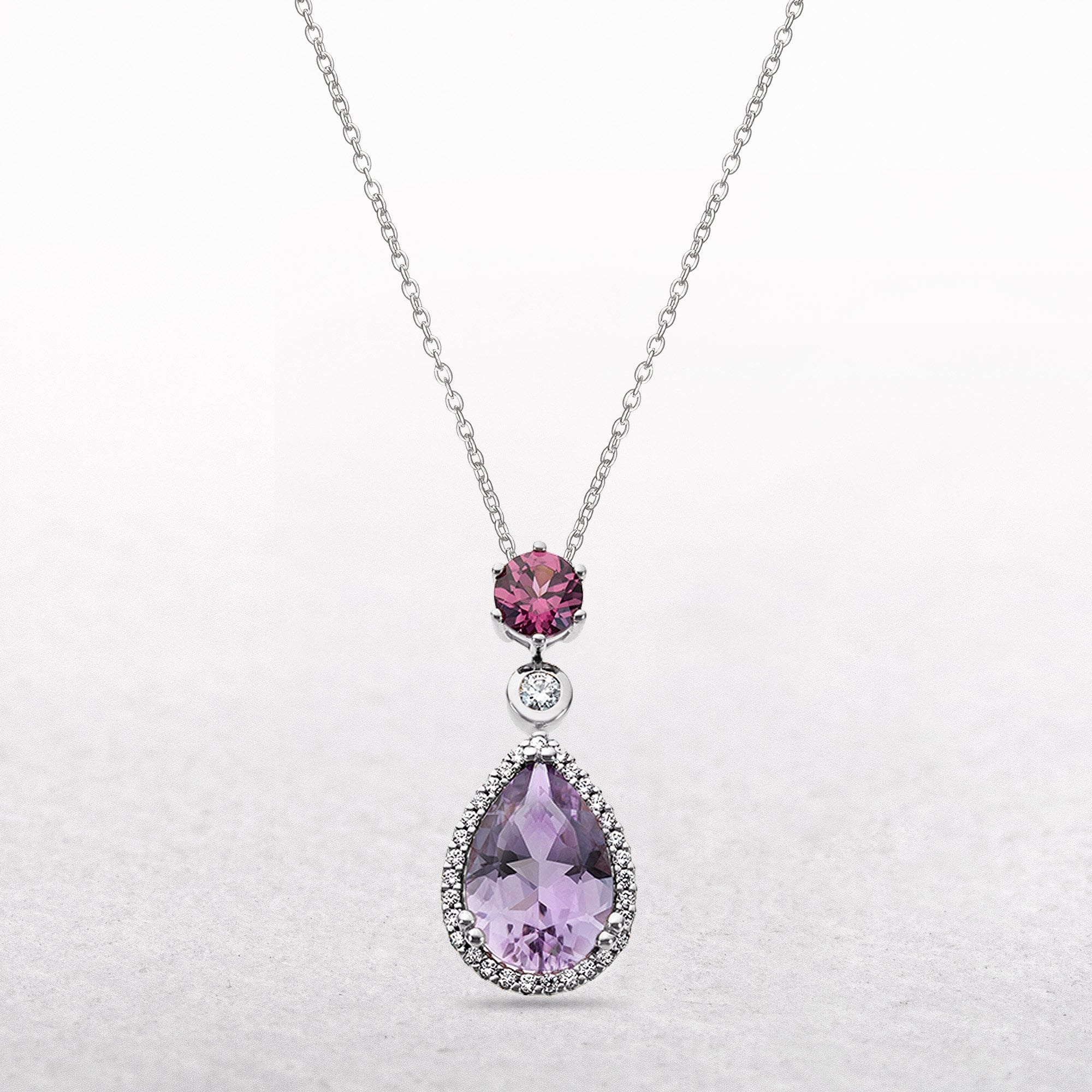 Diamond and Pink Amethyst Pear Shape Pendant in 9ct White Gold