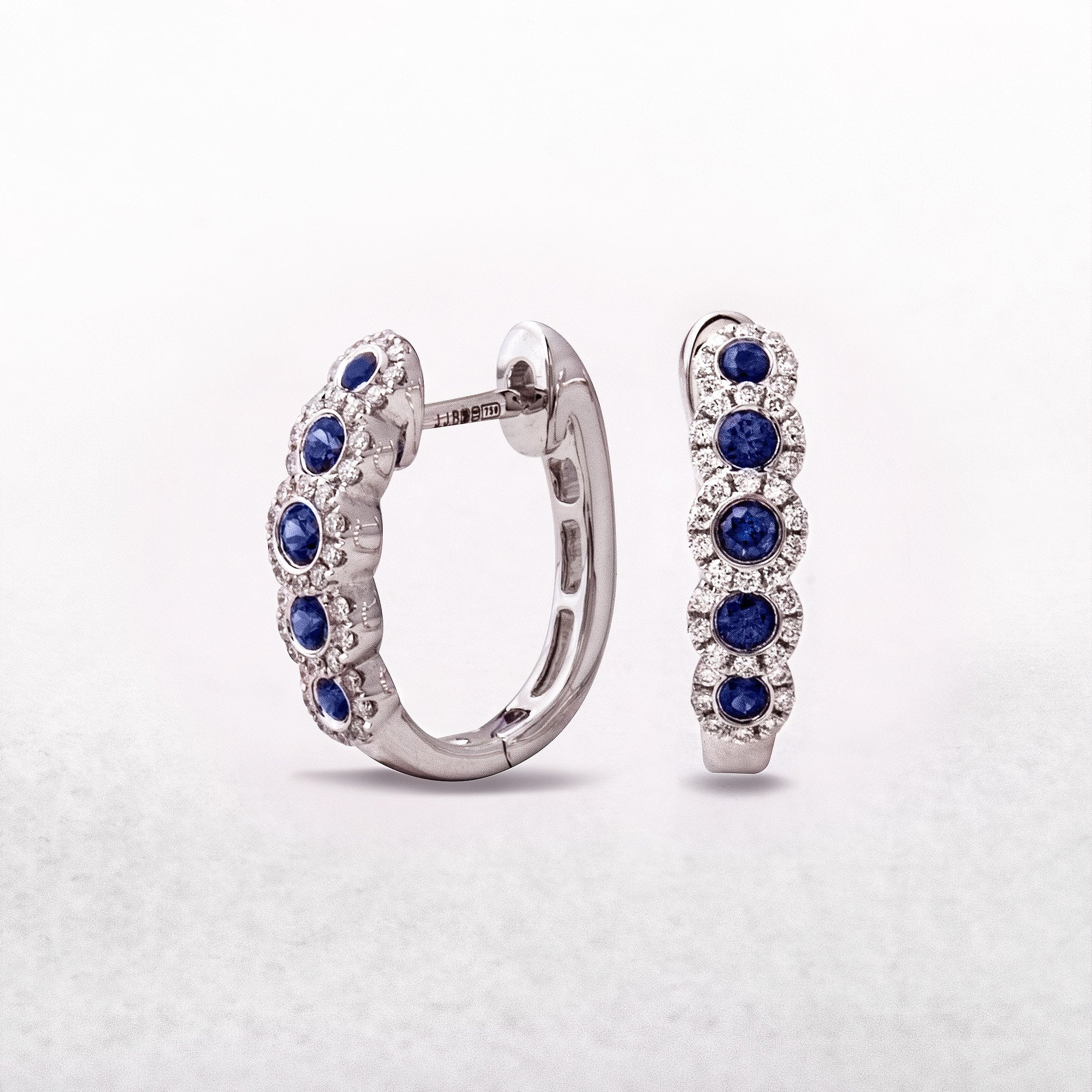 Diamond and Sapphire Round Cut Halo Hoop Earrings in 18ct White Gold