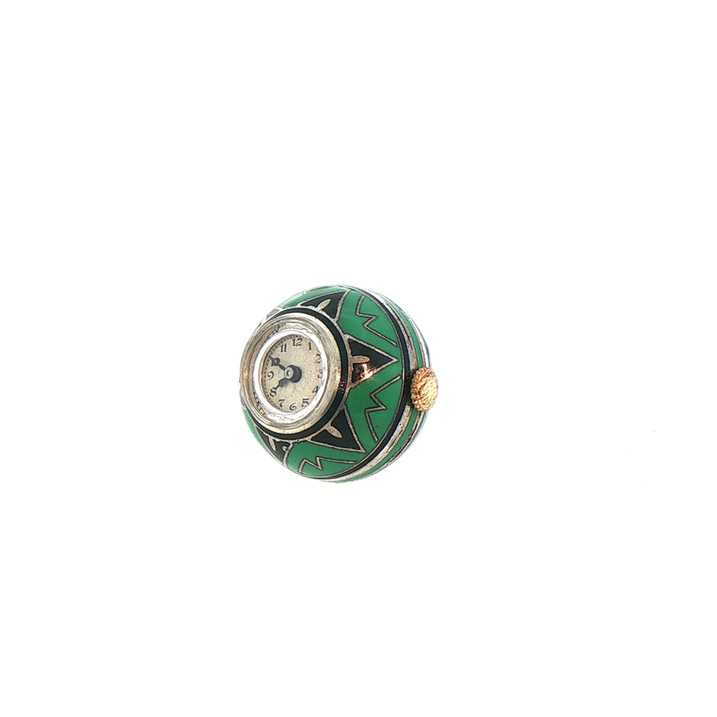 Vintage Silver Green And Black Enamel Round Fob Nurse Watch