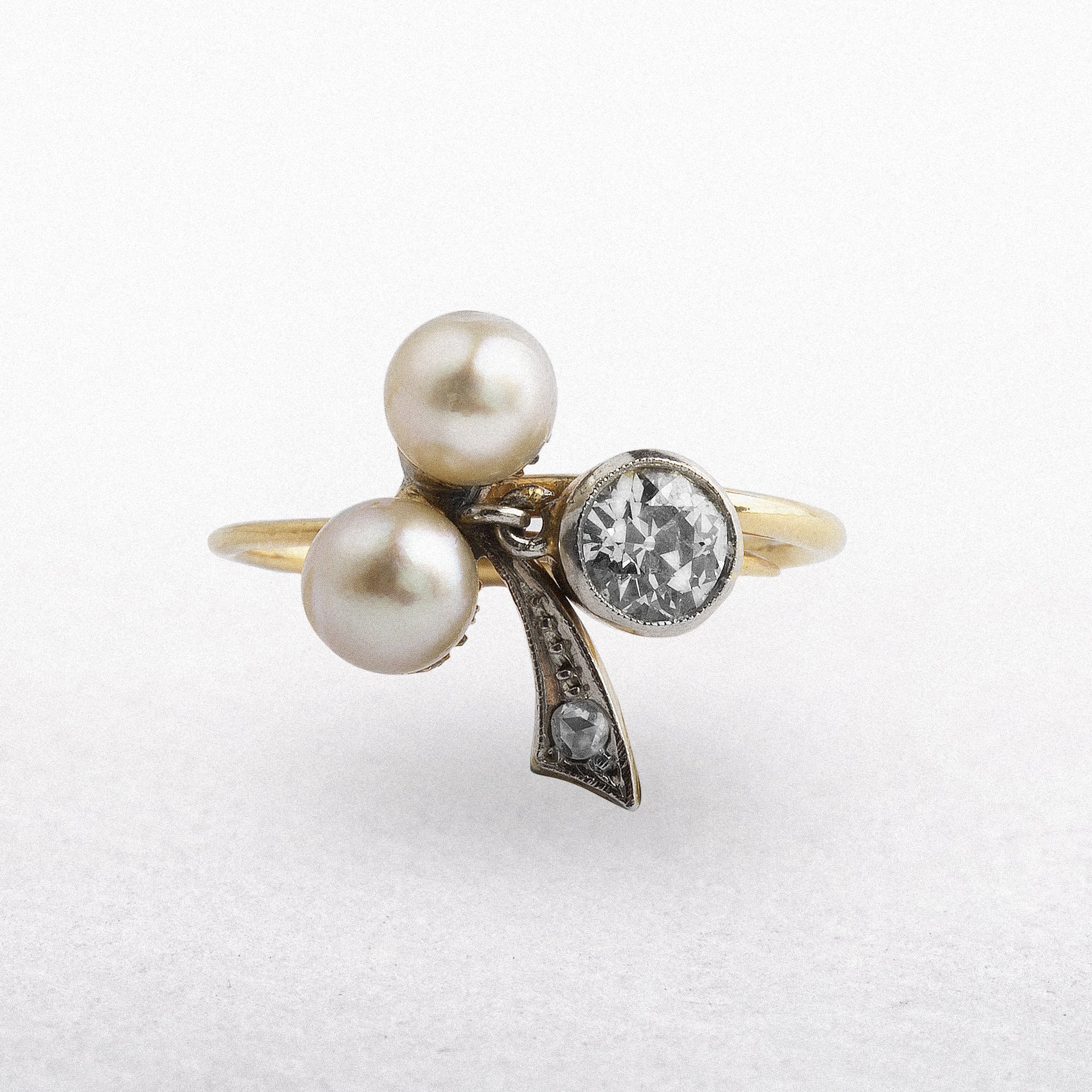 Edwardian 18ct Gold Natural Pearl & Old Cut Diamond Ring