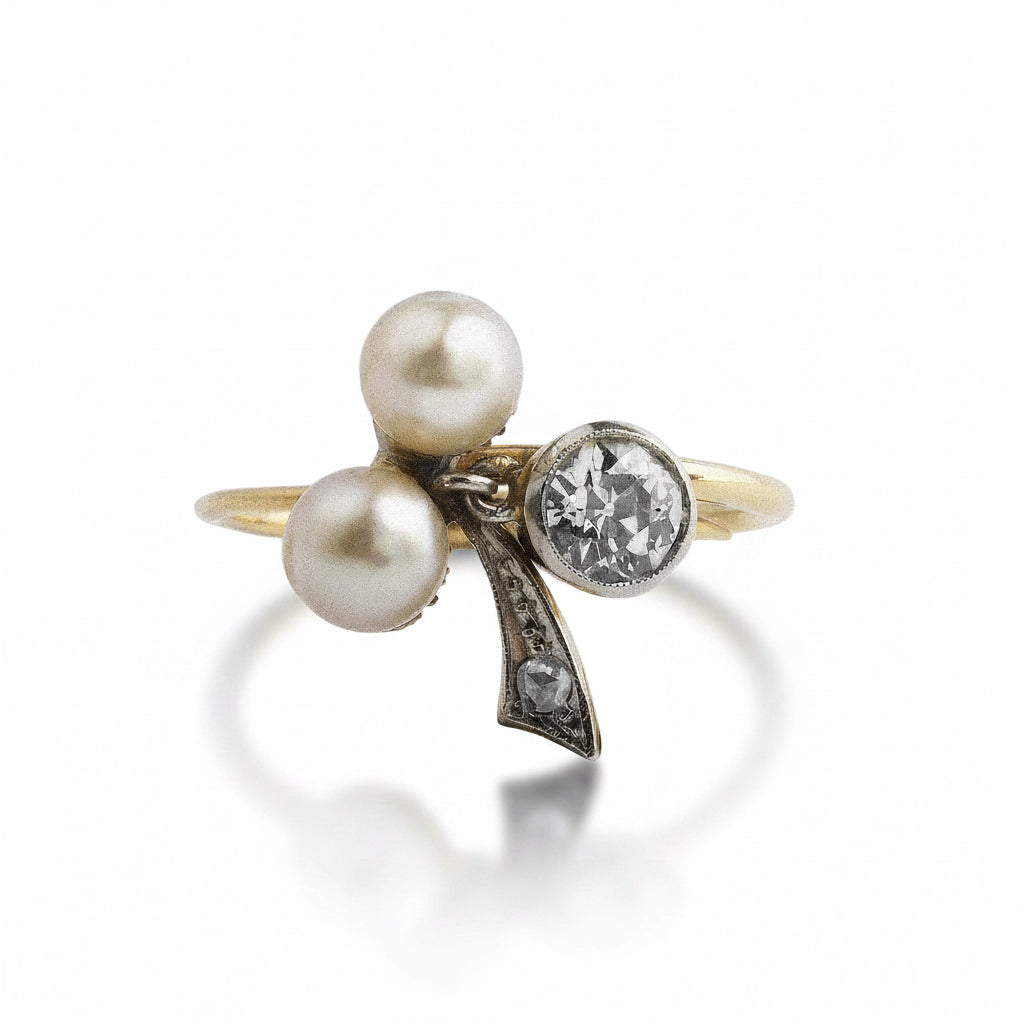 Edwardian 18ct Gold Natural Pearl & Old Cut Diamond Ring