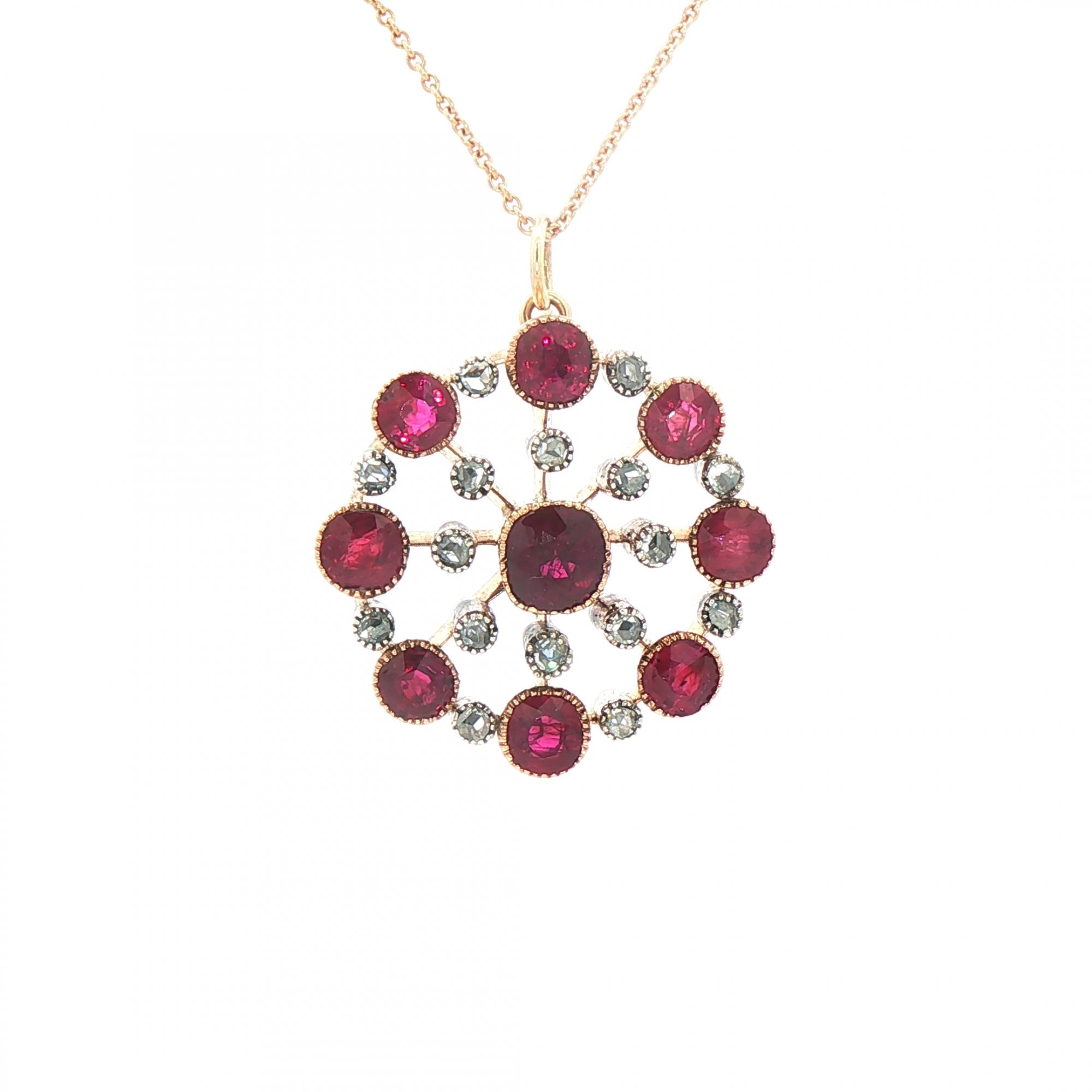 Edwardian Ruby & Natural Diamond Cluster Pendant in 9ct Rose Gold