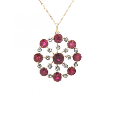 Edwardian Ruby & Natural Diamond Cluster Pendant in 9ct Rose Gold