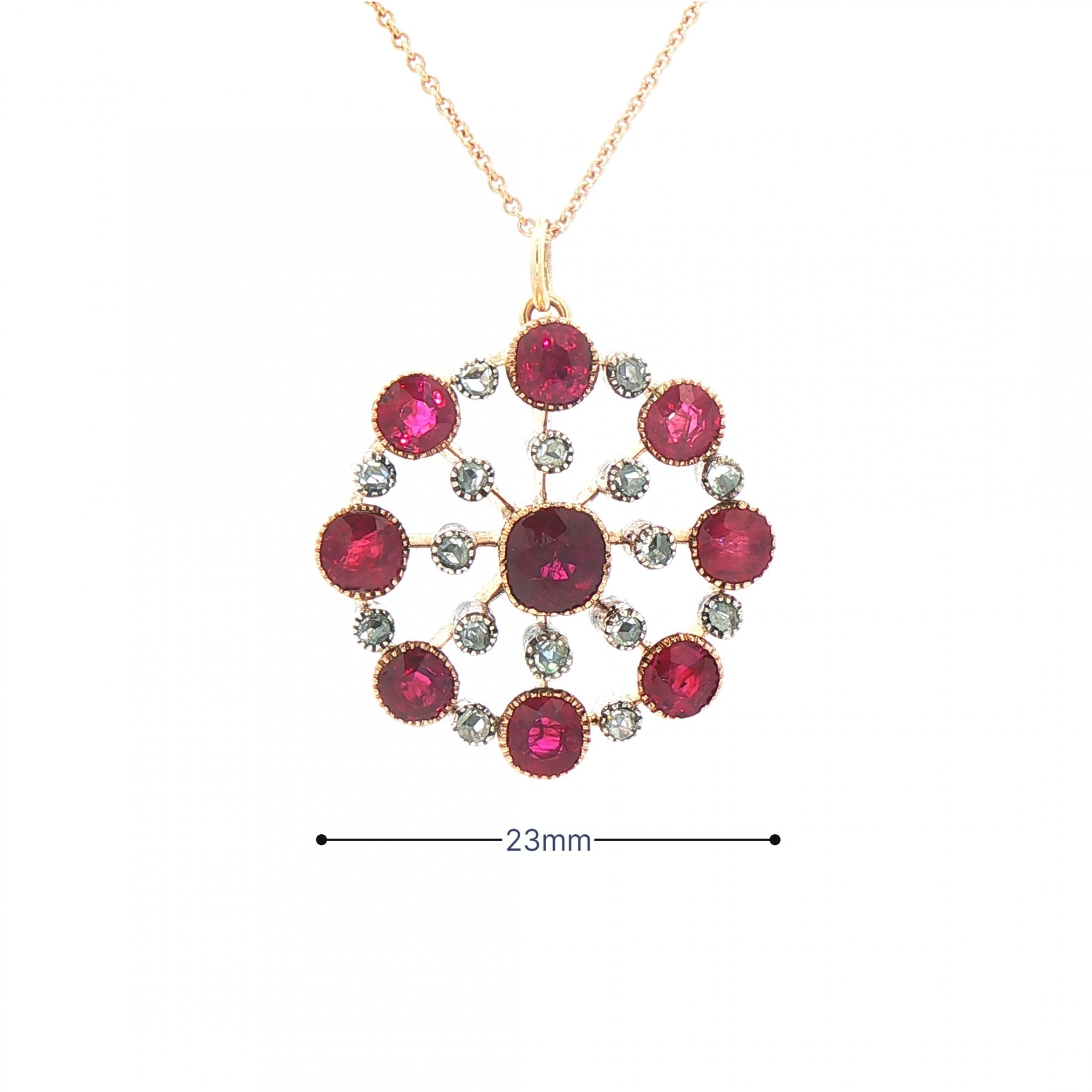 Edwardian Ruby & Natural Diamond Cluster Pendant in 9ct Rose Gold