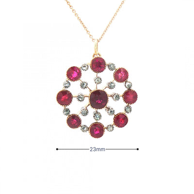 Edwardian Ruby & Natural Diamond Cluster Pendant in 9ct Rose Gold