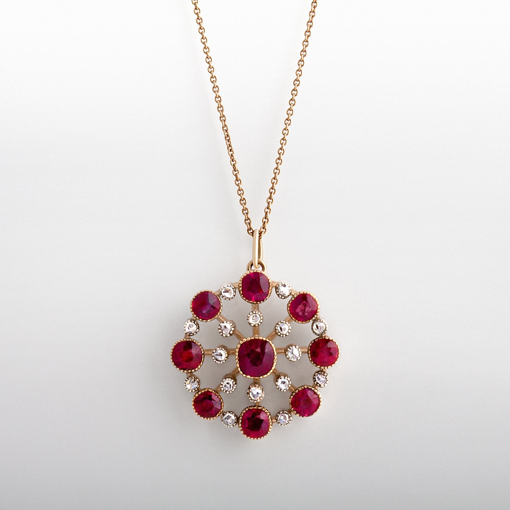 Edwardian Ruby & Natural Diamond Cluster Pendant in 9ct Rose Gold