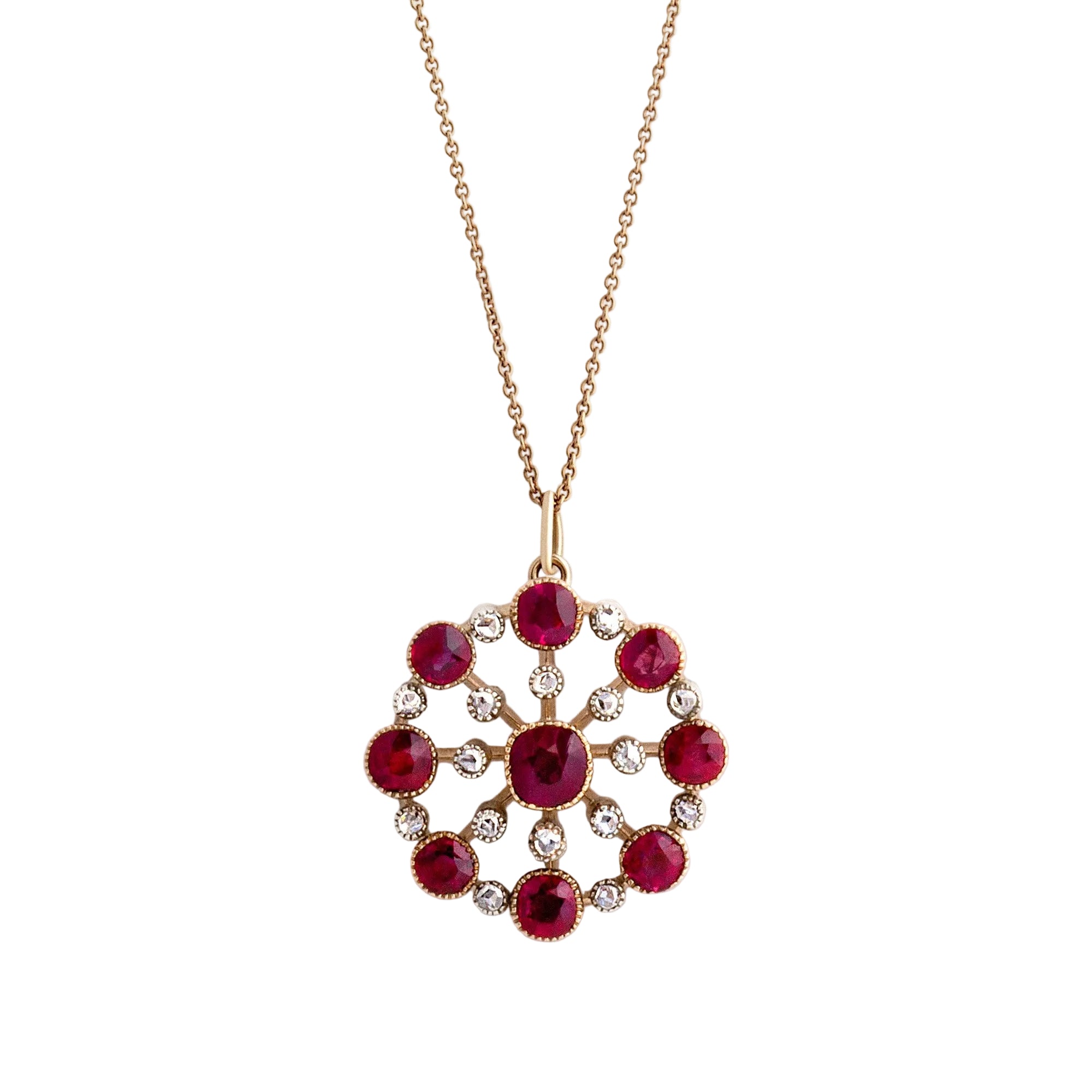 Edwardian Ruby & Natural Diamond Cluster Pendant in 9ct Rose Gold