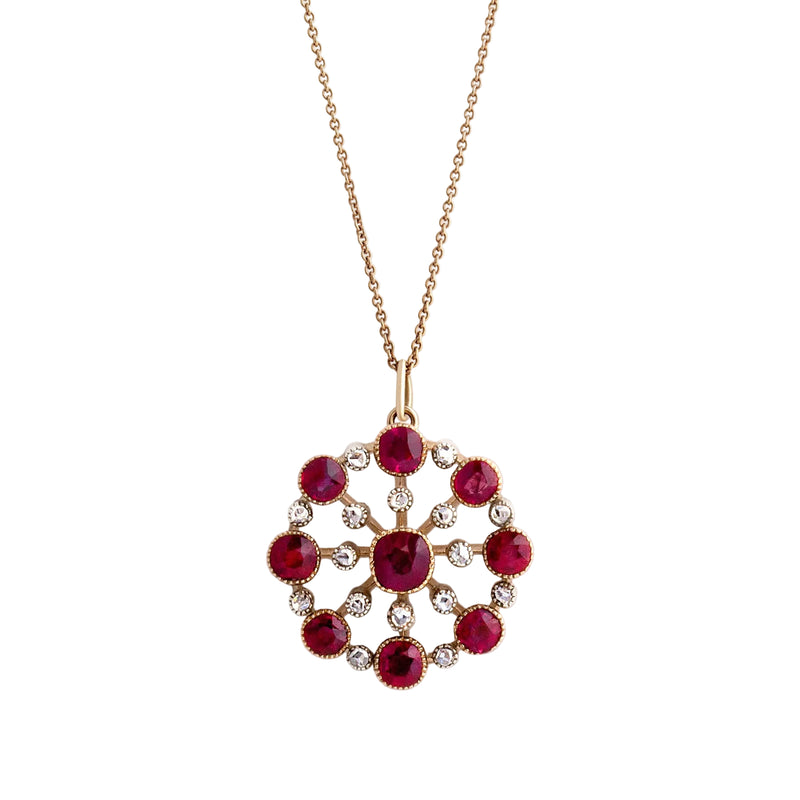 Edwardian Ruby & Natural Diamond Cluster Pendant in 9ct Rose Gold