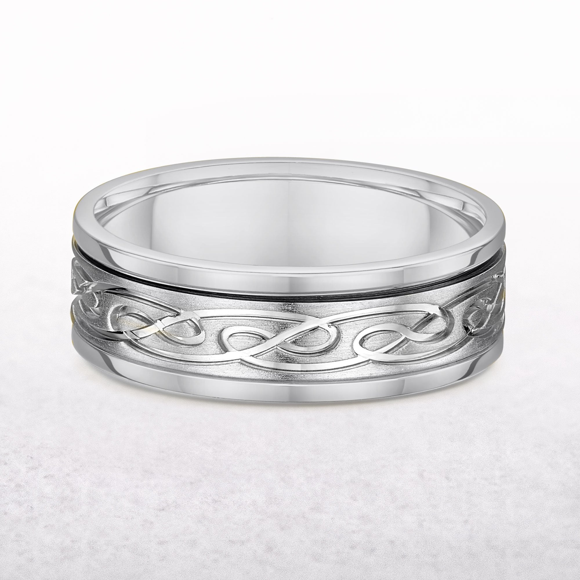 Embossed Celtic Knot Gents Wedding Band In 18ct White Gold
