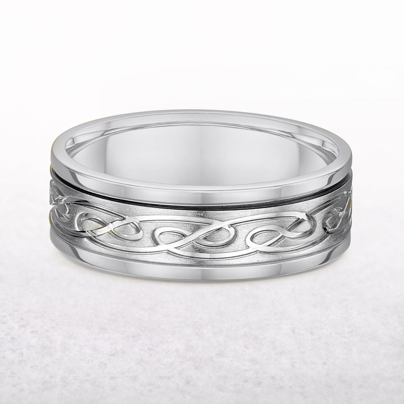 Embossed Celtic Knot Gents Wedding Band In 18ct White Gold