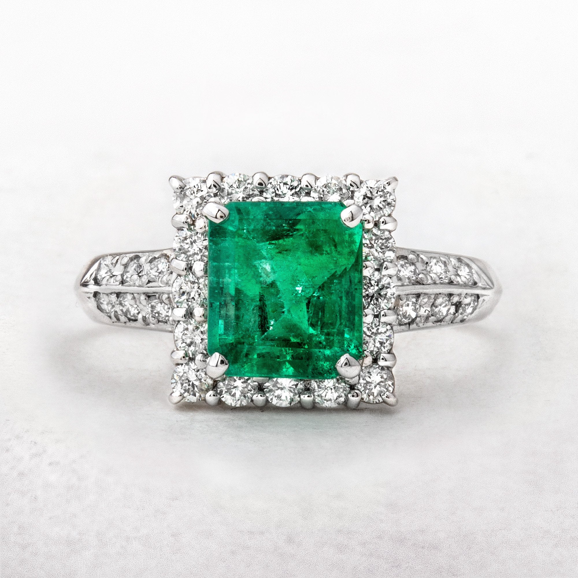 Emerald and Diamond Square Shaped Gemstone Ring in Platinum