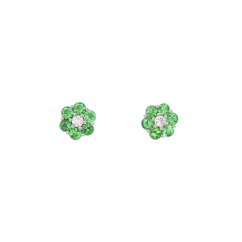 Emerald & Natural Diamond Flower Shape Stud Earrings in 18ct White Gold