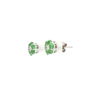 Emerald & Natural Diamond Flower Shape Stud Earrings in 18ct White Gold