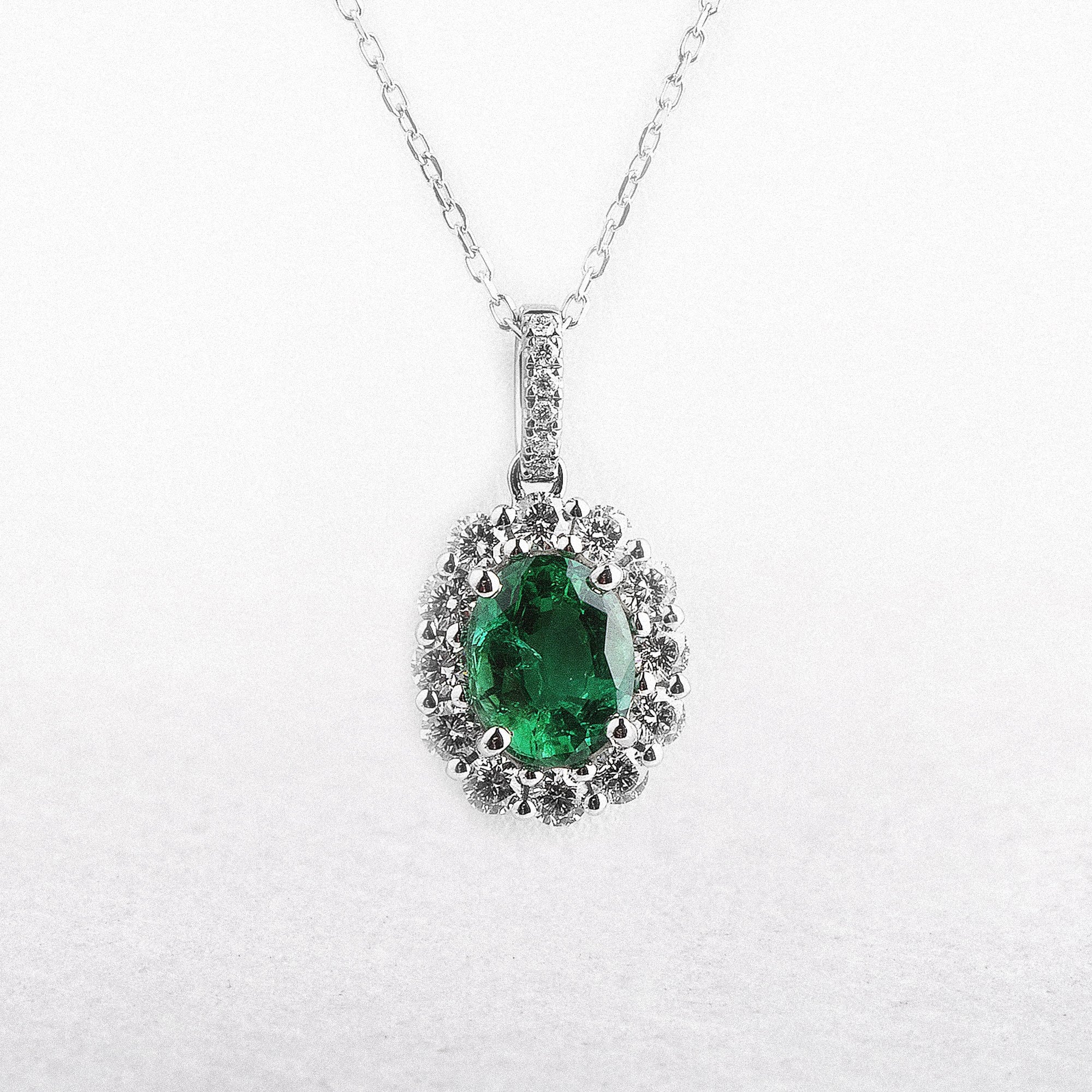 Emerald & Natural Diamond Halo Pendant