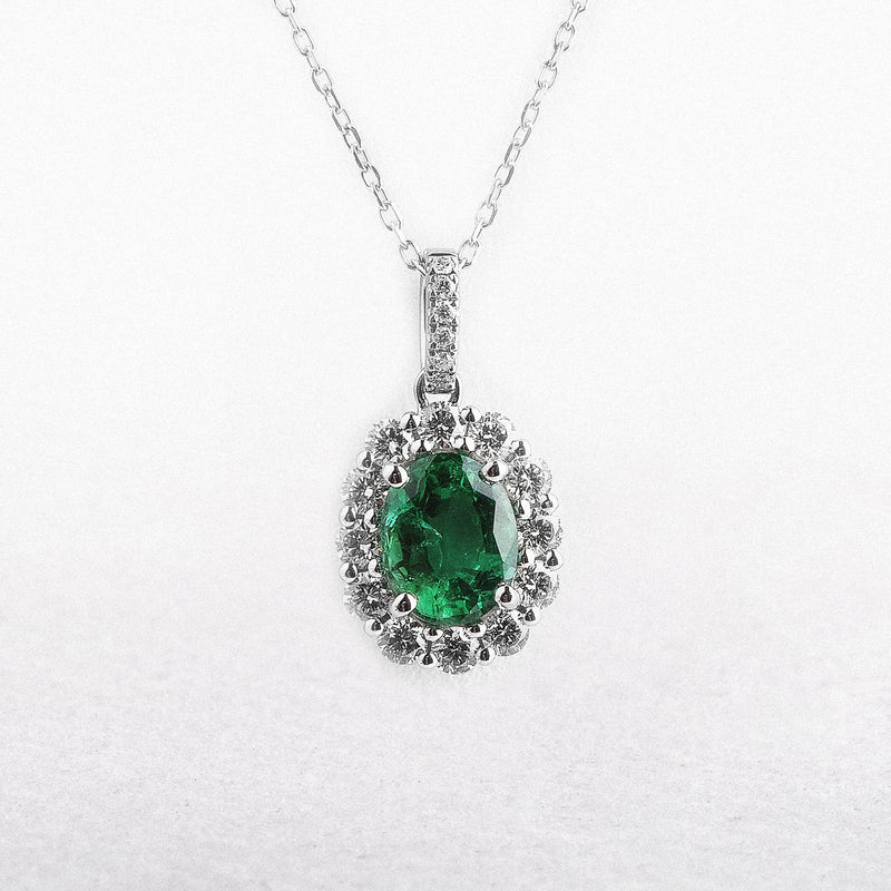 Emerald & Natural Diamond Halo Pendant
