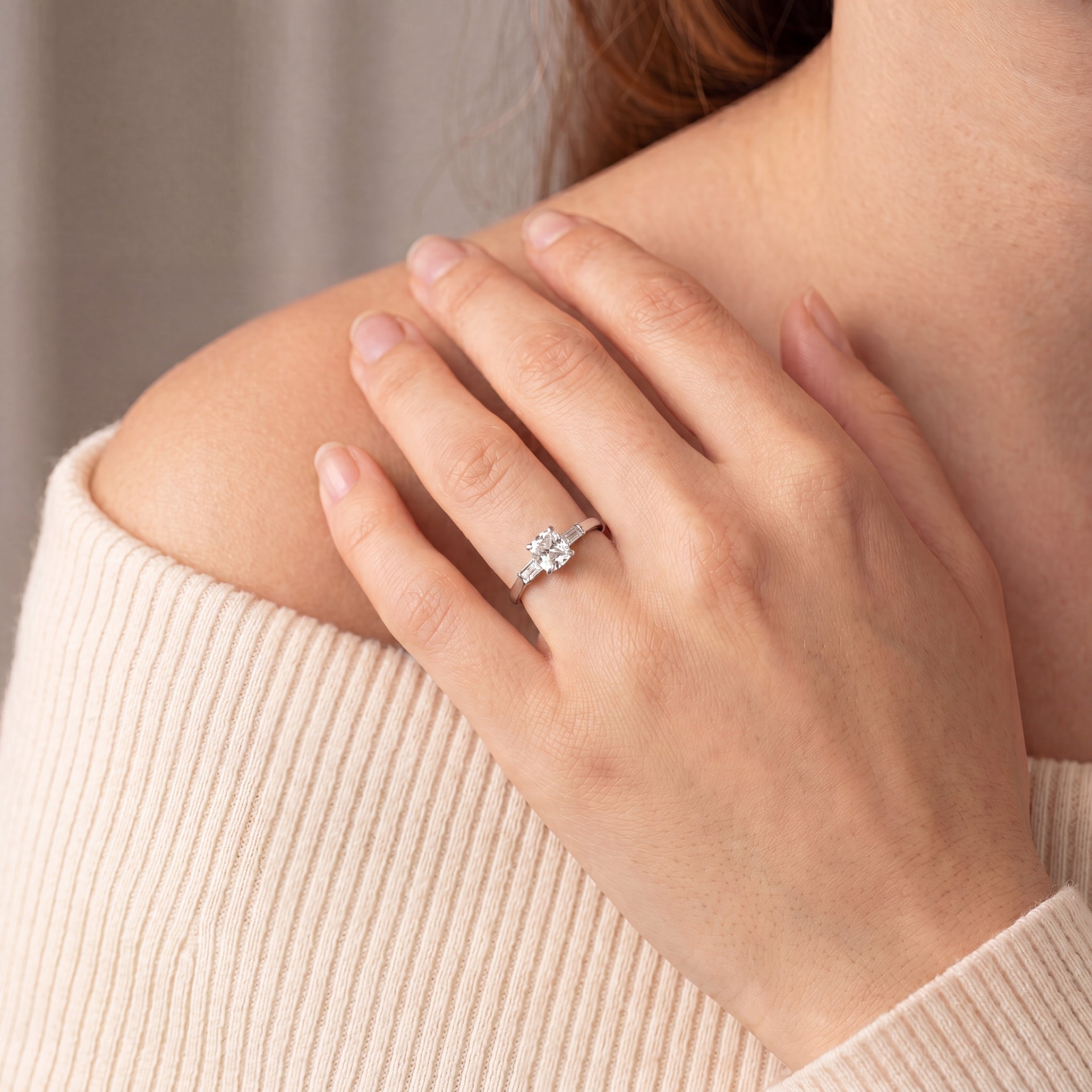 C0.73ct S0.11ct G si1 Cushion Cut Solitaire With Assher Side Diamonds Set In Platinum