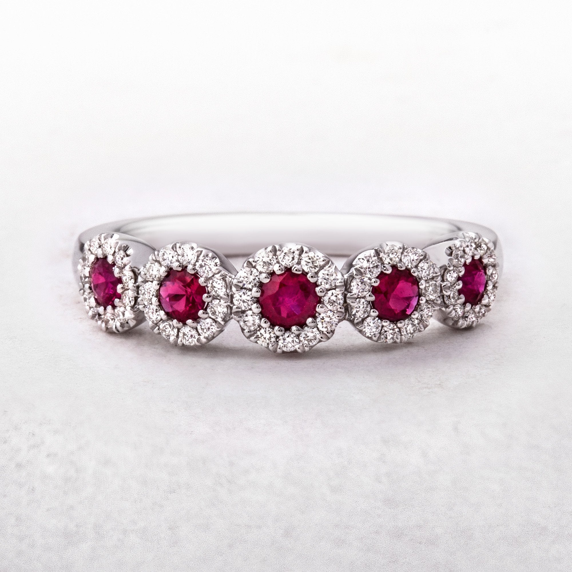 Five Stone Diamond and Ruby Dress Ring in 18ct White Gold