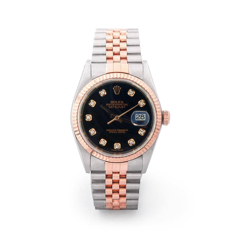 Gents 18ct Rose Gold Two Tone Rolex Datejust 36mm Stainless Steel with Black Diamond Dial