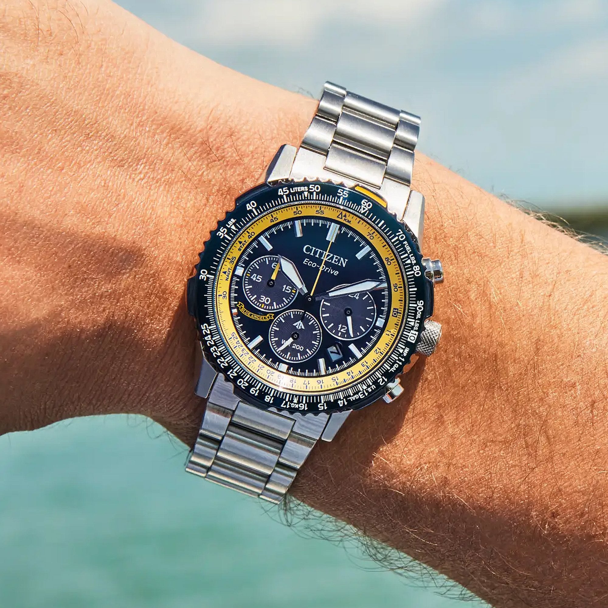 Gents Citizen Blue Angels Navihawk 40mm Navy & Yellow Dial on Stainless Steel Bracelet