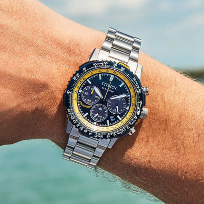 Gents Citizen Blue Angels Navihawk 40mm Navy & Yellow Dial on Stainless Steel Bracelet